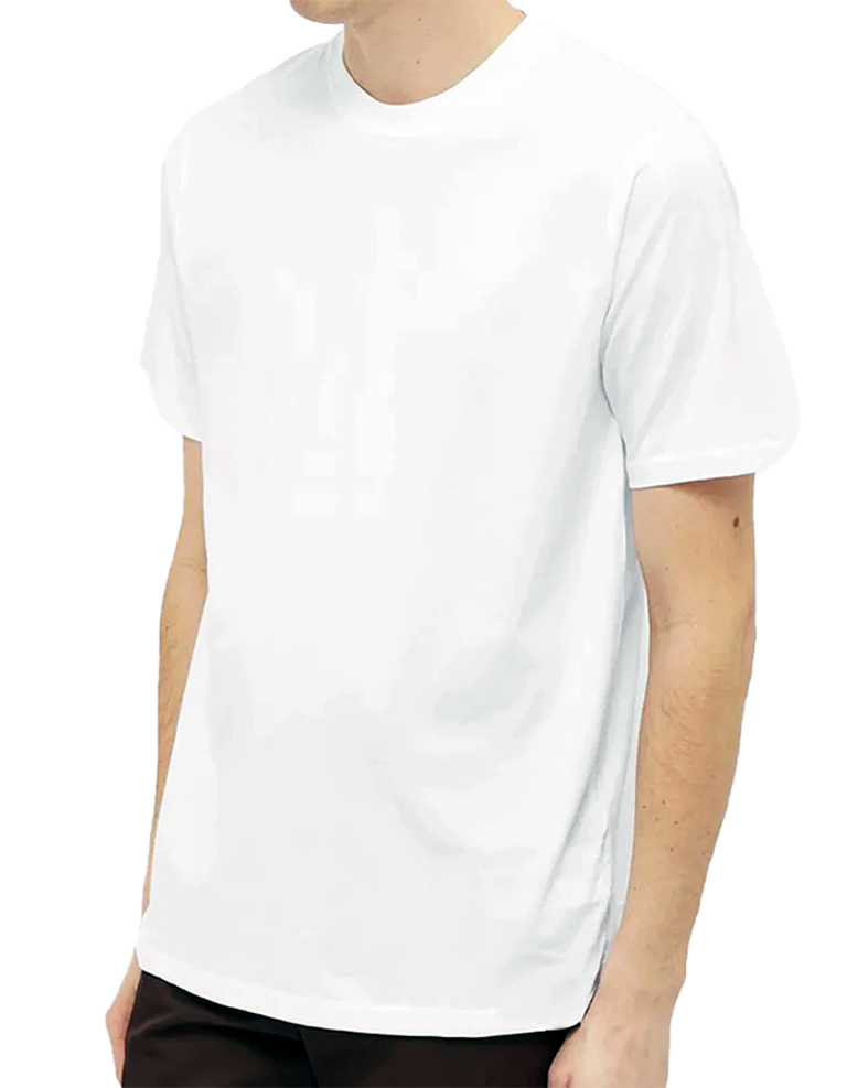 A guy wearing a plain white t-shirt, keeping it simple and stylish.