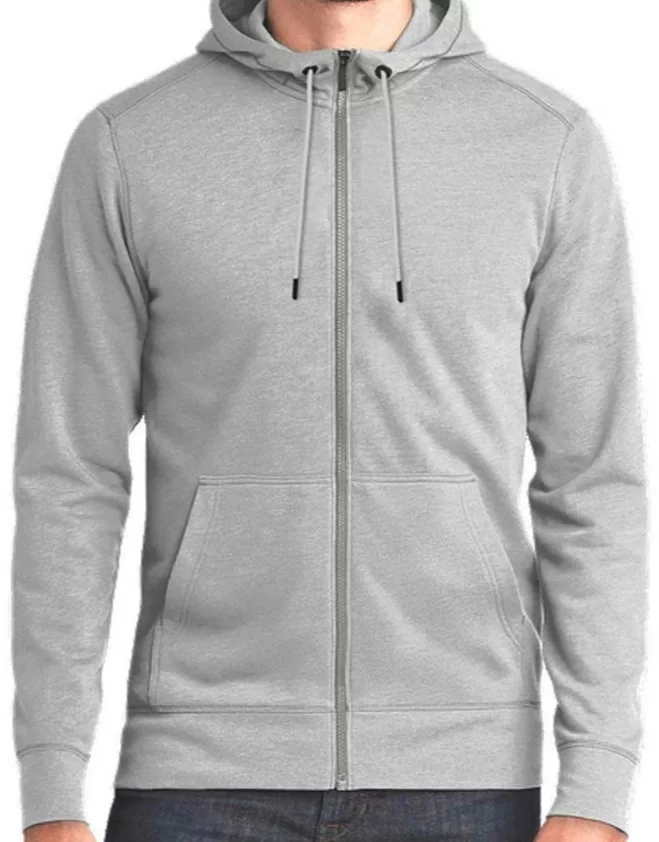 A light grey men's full-zip hoodie with a front zipper. Stay cozy and stylish with this comfortable hoodie.