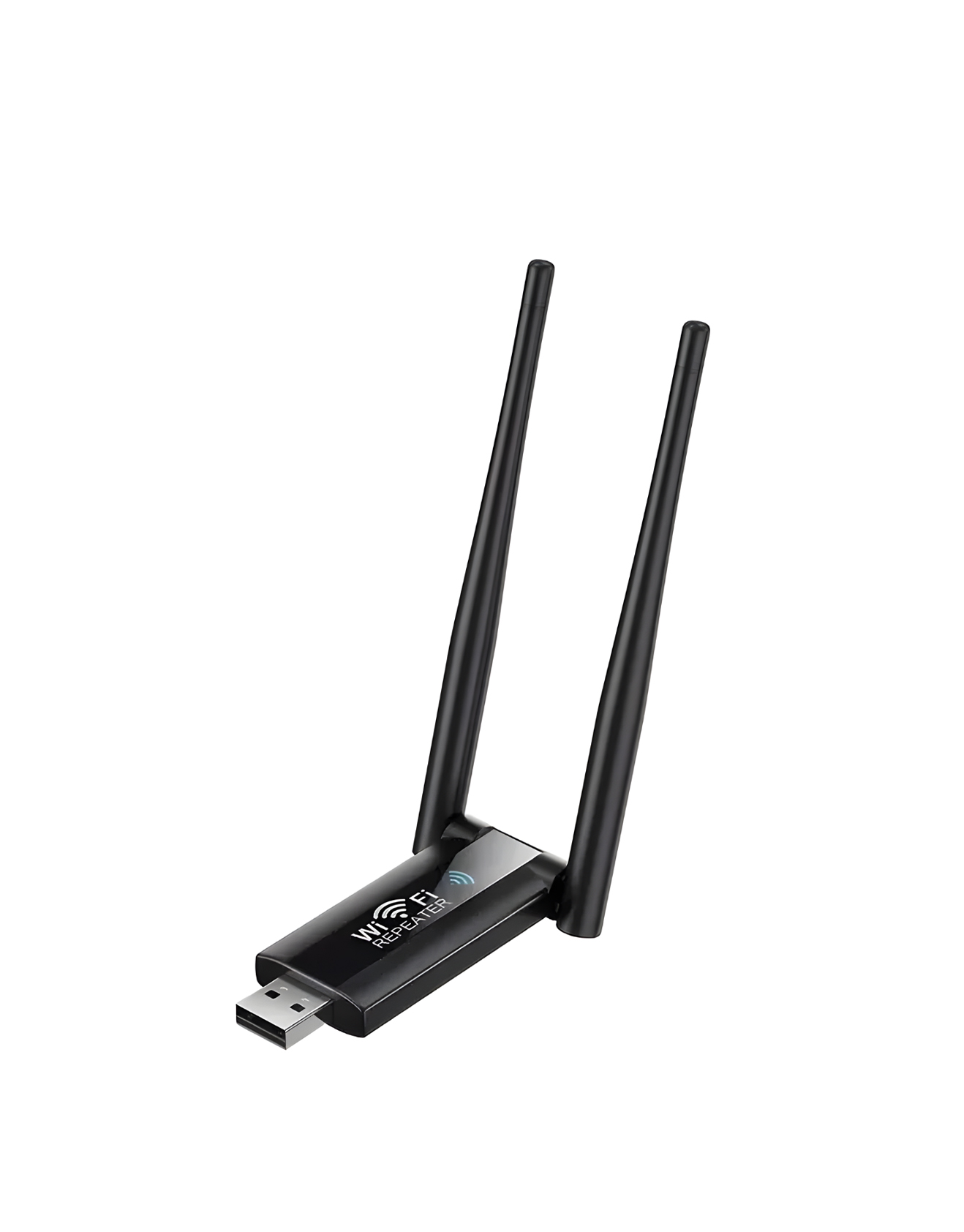 A sleek black wireless router with two antennas for seamless internet connectivity. Stay connected effortlessly!