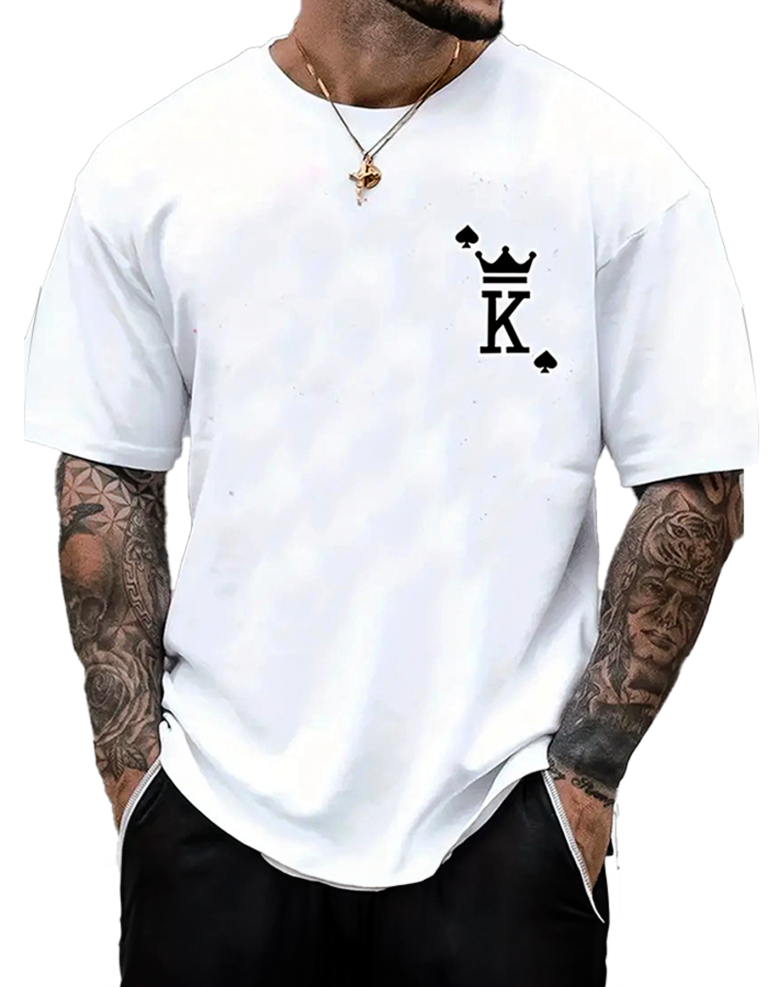 A stylish gentleman wears a white t-shirt featuring a crown, symbolizing his confidence and perhaps his inner king.
