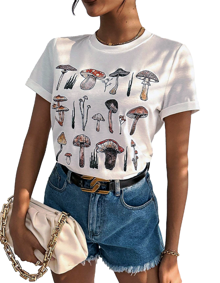 A woman in a white t-shirt with a cute mushroom print, adding a touch of whimsy to her outfit.